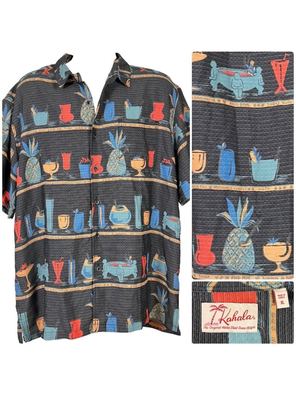 Kahala Hana Hou Tiki Cocktails Mens Retro MCM Hawaiian Shirt size XL 51x31 Rayon